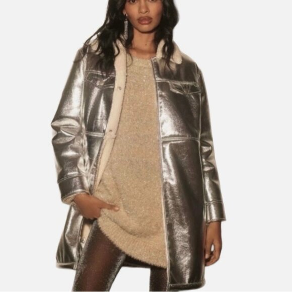 7 For All Mankind Metallic Silver Faux Fur Jacket – Size XS – NWT - Picture 2 of 6